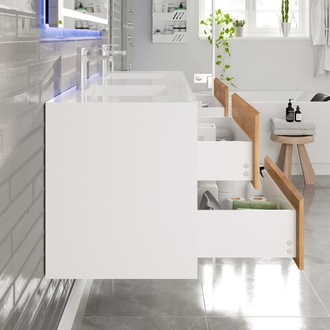 Vienna 60" WH Oak Wall Mount Double Sink Bath Vanity with Acrylic Top and Integrated Sinks