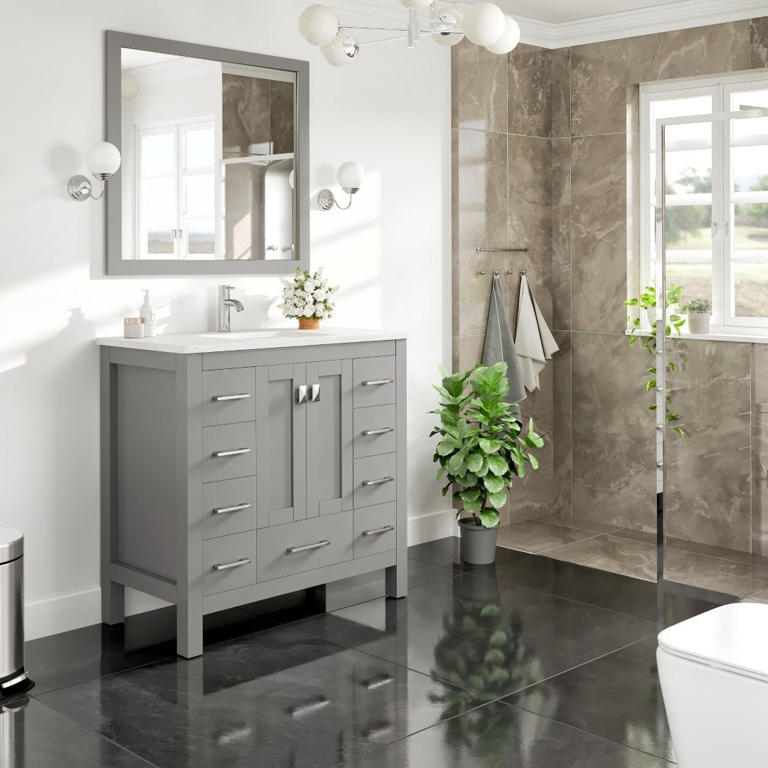Hampton 36" x 18" Gray Single Sink Bath Vanity with Carrara Quartz Top and Undermount Porcelain Sink - Bathroom Vanity by Eviva