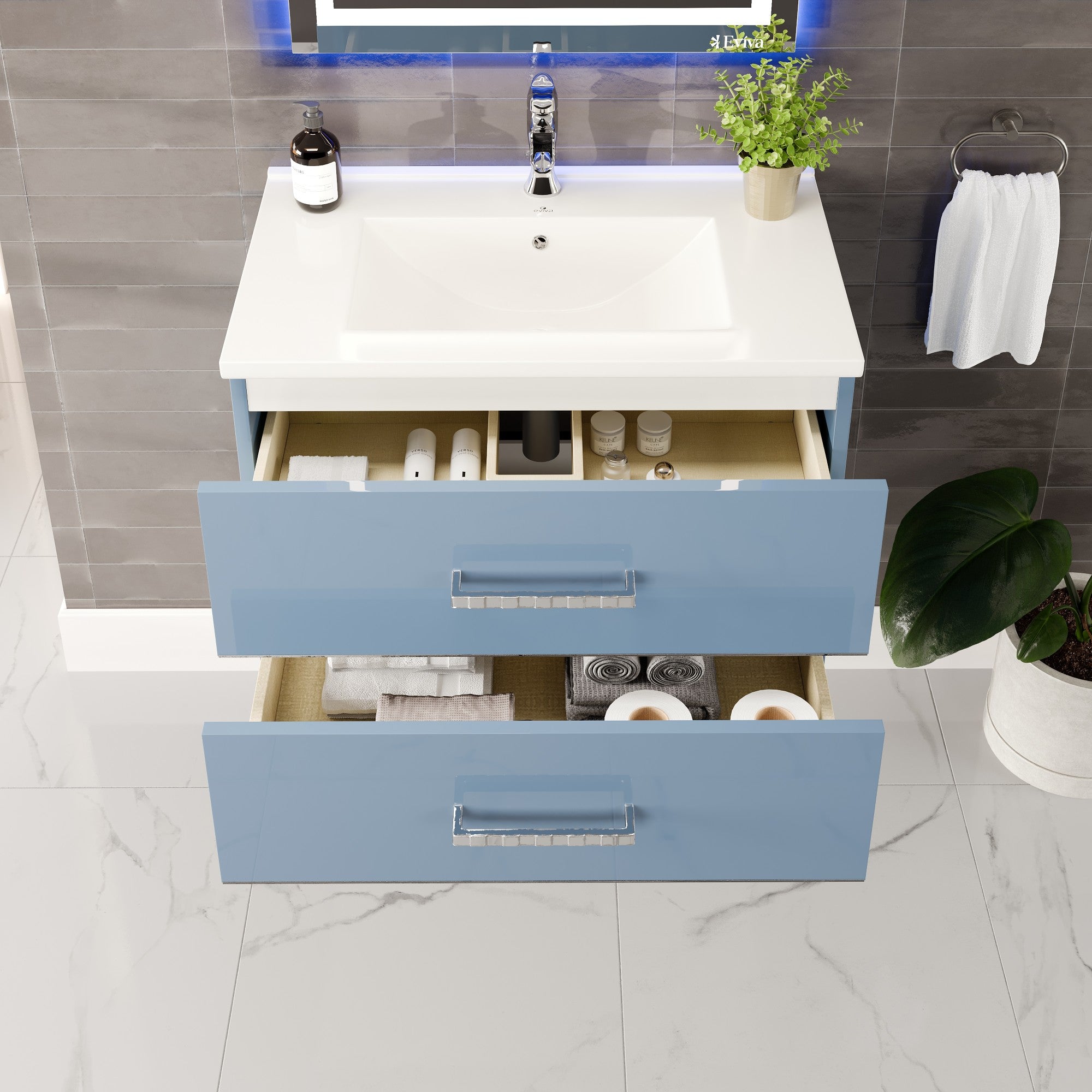 Daytona 32 in. Blue Wall Mount Single Sink Bath Vanity with Porcelain Top and Integrated Sink