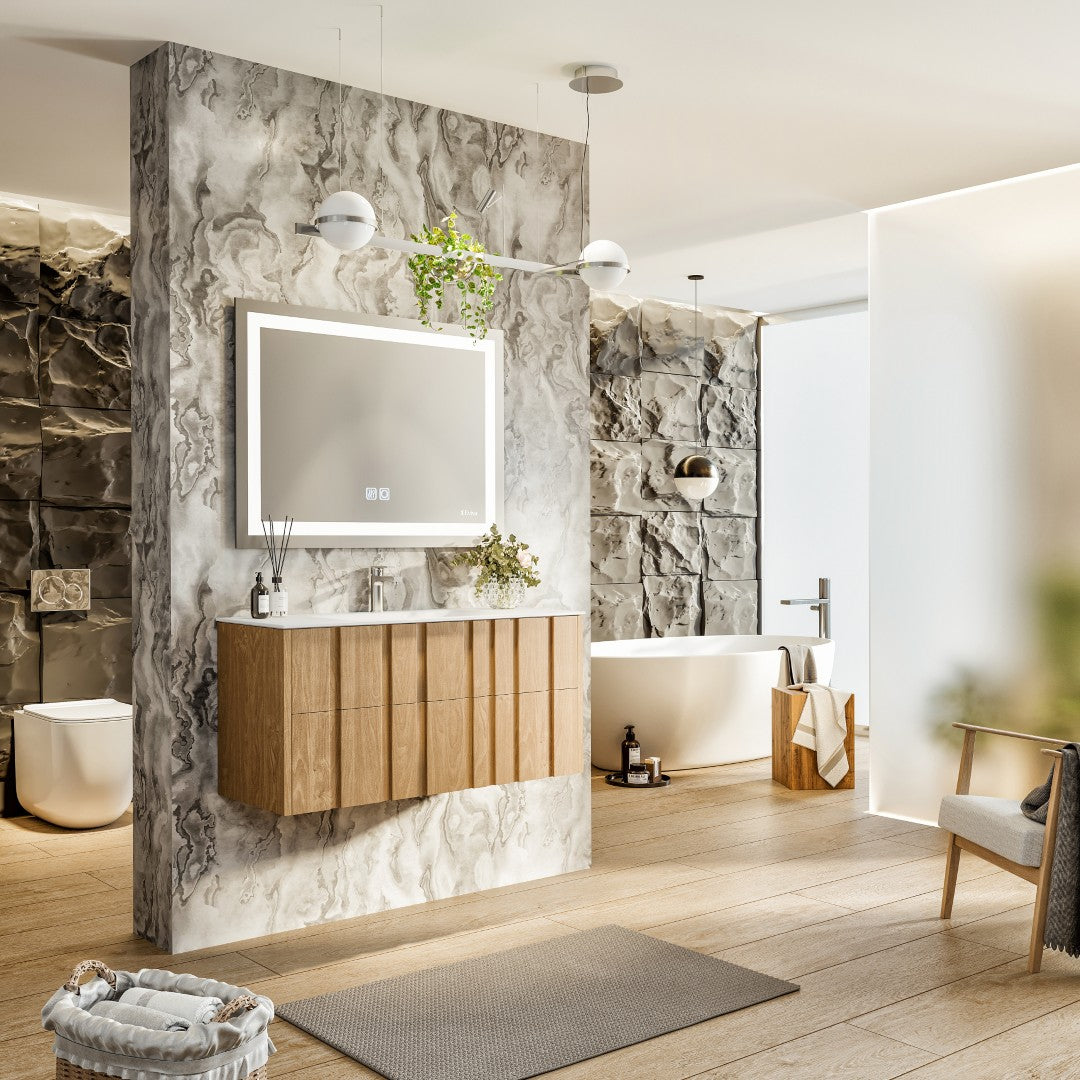 Lumber 44 in. Oak Wall Mount Single Sink Bath Vanity with Solid Surface Top and Integrated Sink