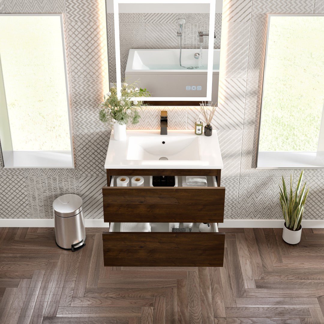 Joy 32 in. Rosewood Wall Mount Single Sink Bath Vanity with Porcelain Top and Integrated Sink - Bathroom Vanity by Eviva