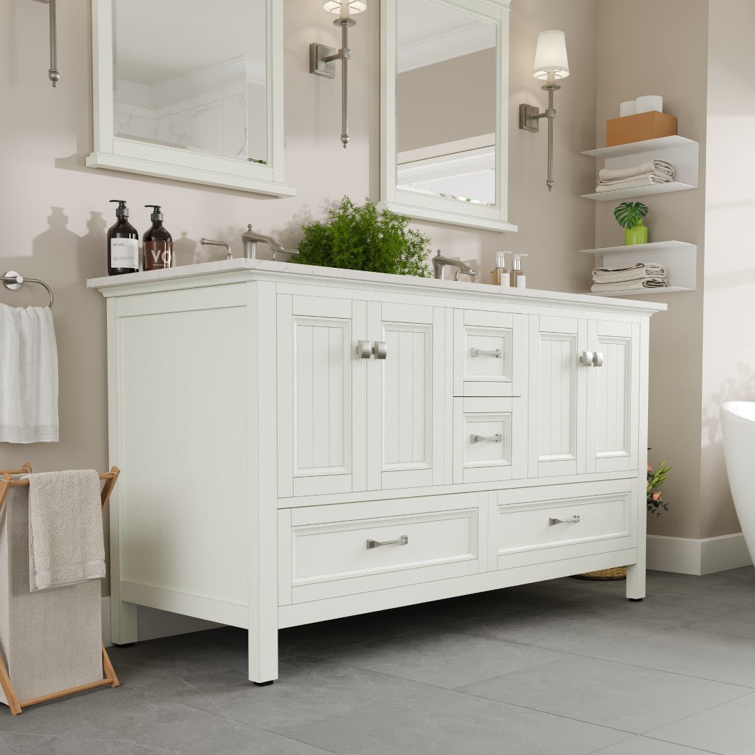 Britney 60 in. White Double Sink Bath Vanity with Carrara Quartz Top and Undermount Porcelain Sinks - Bathroom Vanity by Eviva