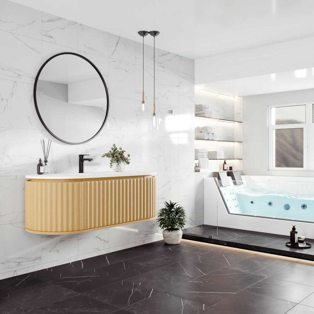 Haven 48 in. Natural Oak Wall Mount Single Sink Bath Vanity with Solid Surface Top and Integrated Sink