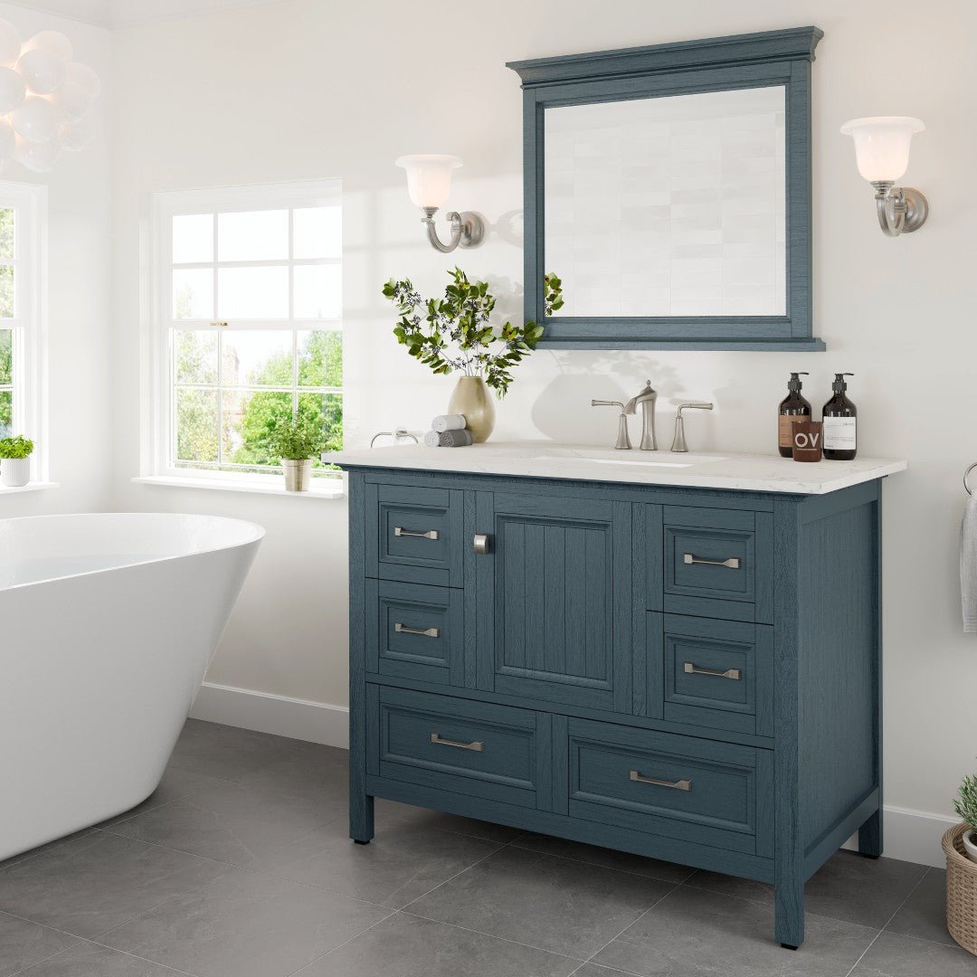Britney 42 in. Ash Blue Single Sink Bath Vanity with Carrara Quartz Top and Undermount Porcelain Sink - Bathroom Vanity by Eviva