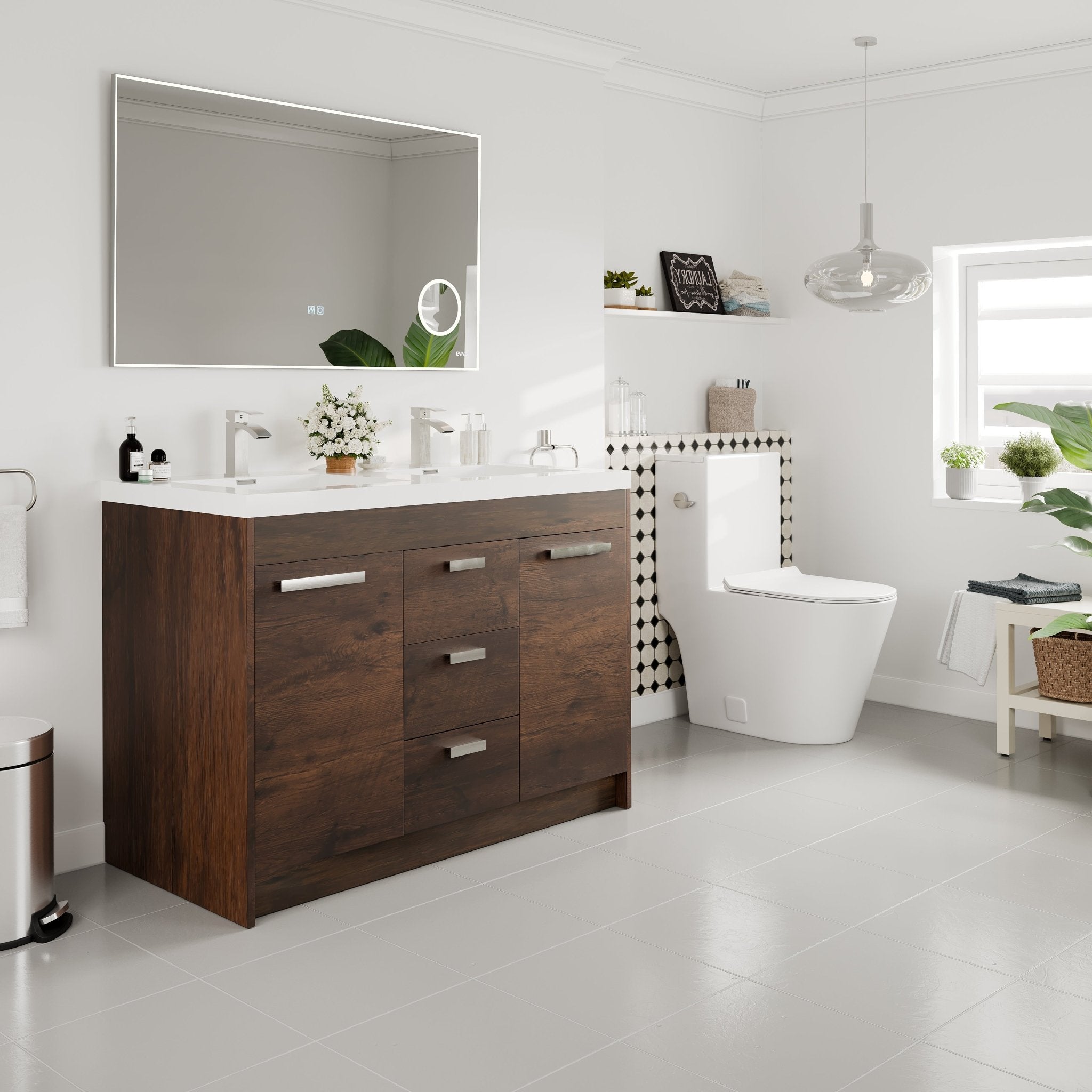 Lugano 48 in. Rosewood Double Sink Bath Vanity with Acrylic Top and Integrated Sinks - Bathroom Vanity by Eviva