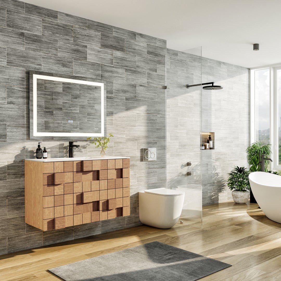 Mosaic 33 in. Natural Oak Wall Mount Single Sink Bath Vanity with Solid Surface Top and Integrated Sink - Bathroom Vanity by Eviva
