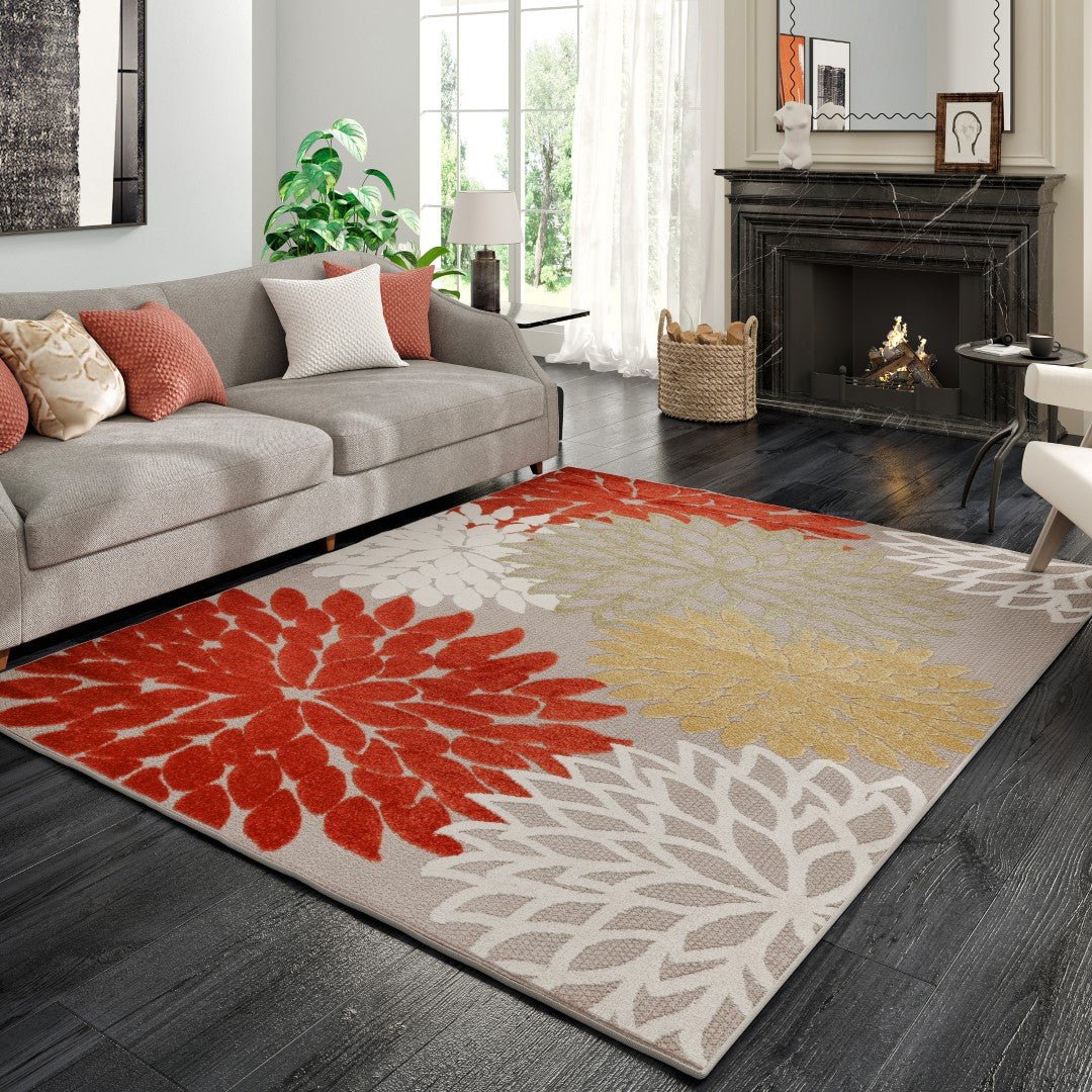 Eviva Nature 3' x 5' Floral Orange/Cream Rug - Rug by Eviva