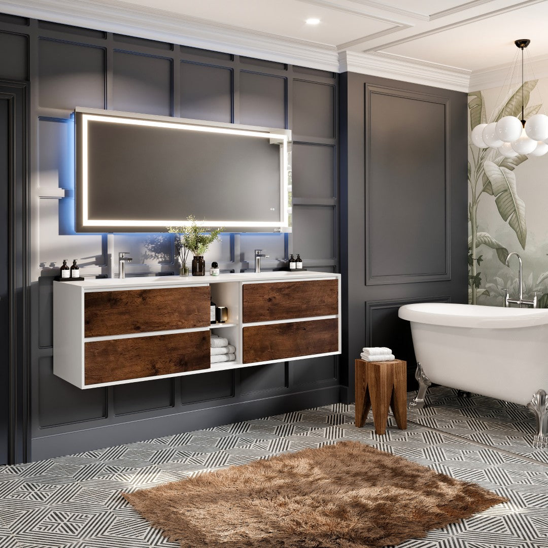 Vienna 75 in. Rosewood Wall Mount Double Sink  Bath Vanity with Acrylic Top and Integrated Sinks