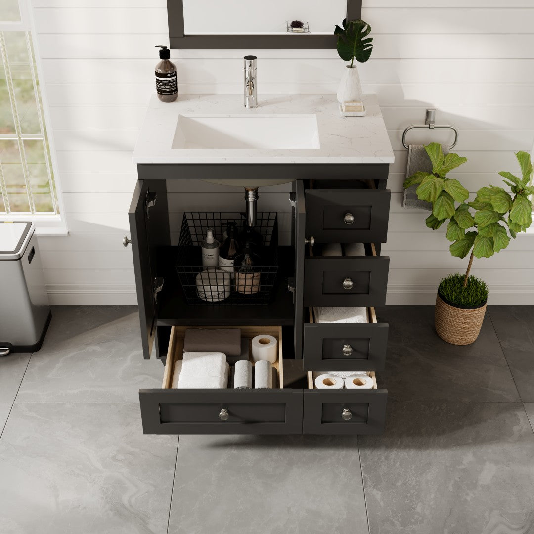 Happy 28 in. Espresso Single Sink Bath Vanity with Carrara Quartz Top and Undermount Porcelain Sink