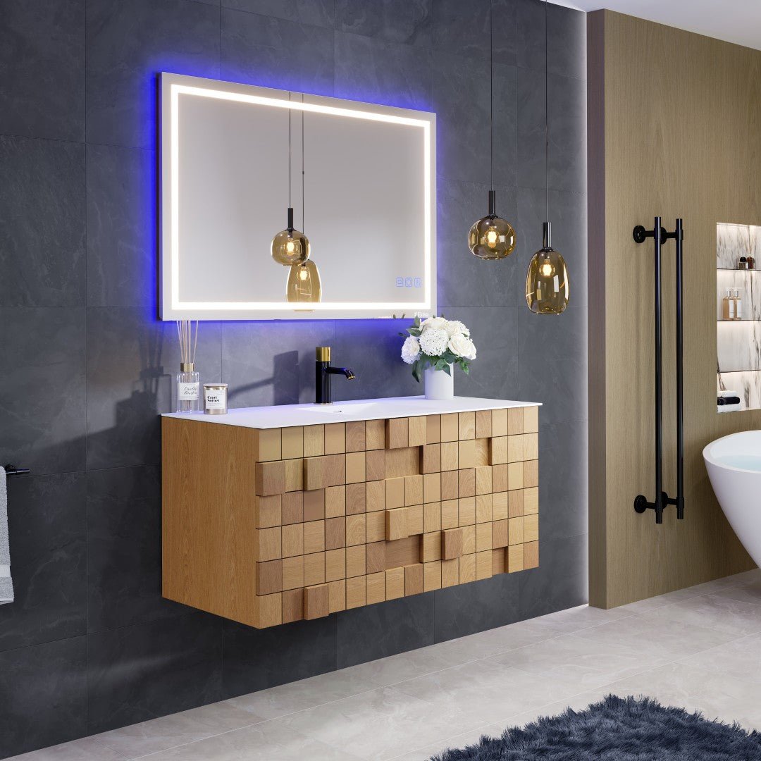 Mosaic 49 in. Natural Oak Wall Mount Single Sink Bath Vanity with Solid Surface Top and Integrated Sink - Bathroom Vanity by Eviva