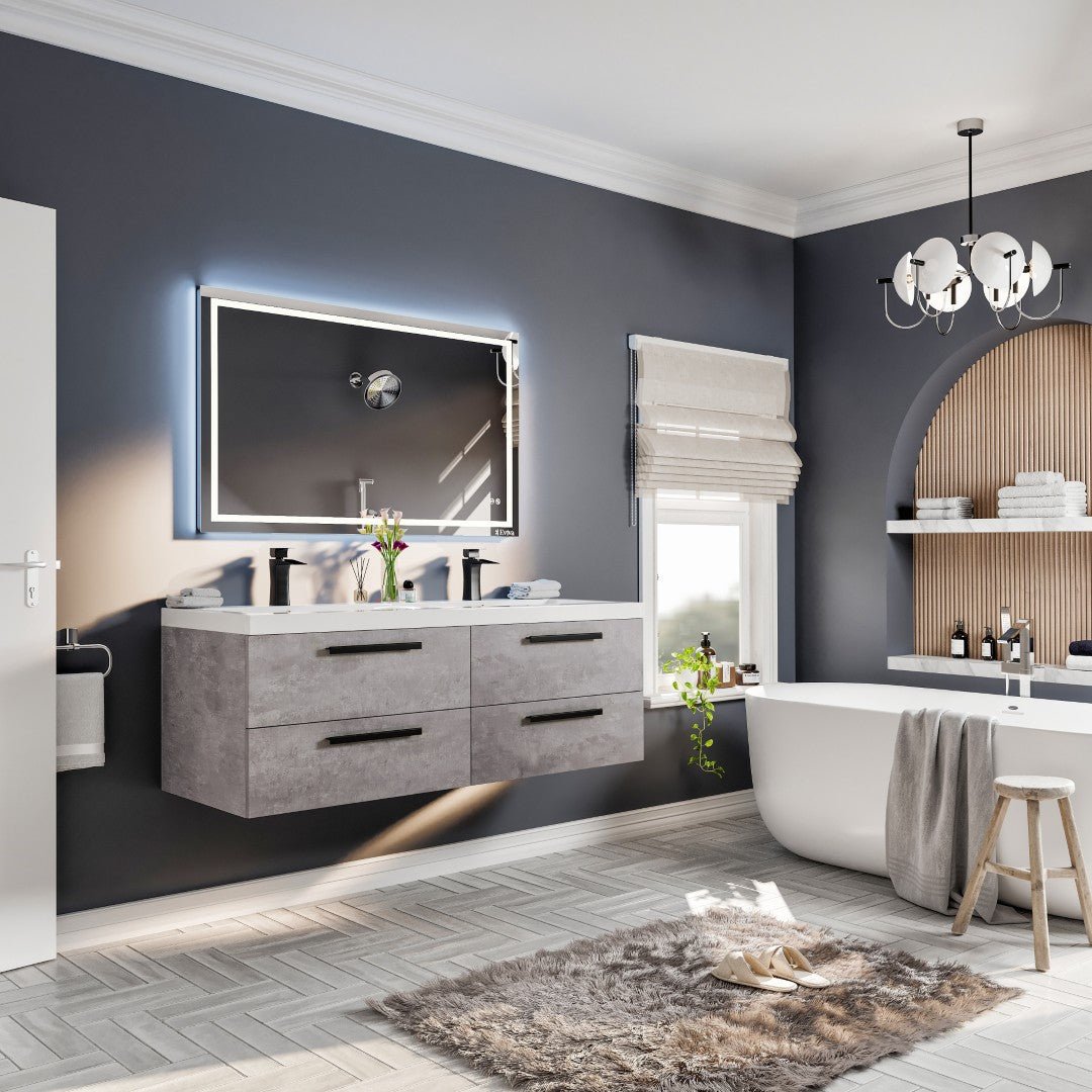 Surf 57 in. Concrete Gray Wall Mount Double Sink Bath Vanity with Acrylic Top and Integrated Sinks - Bathroom Vanity by Eviva