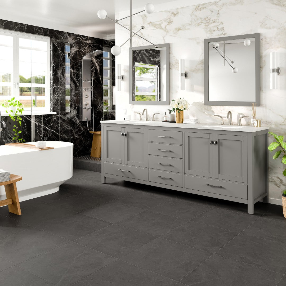 Aberdeen 84 in. Gray Double Sink Bath Vanity with Carrara Quartz Top and Undermount Porcelain Sinks