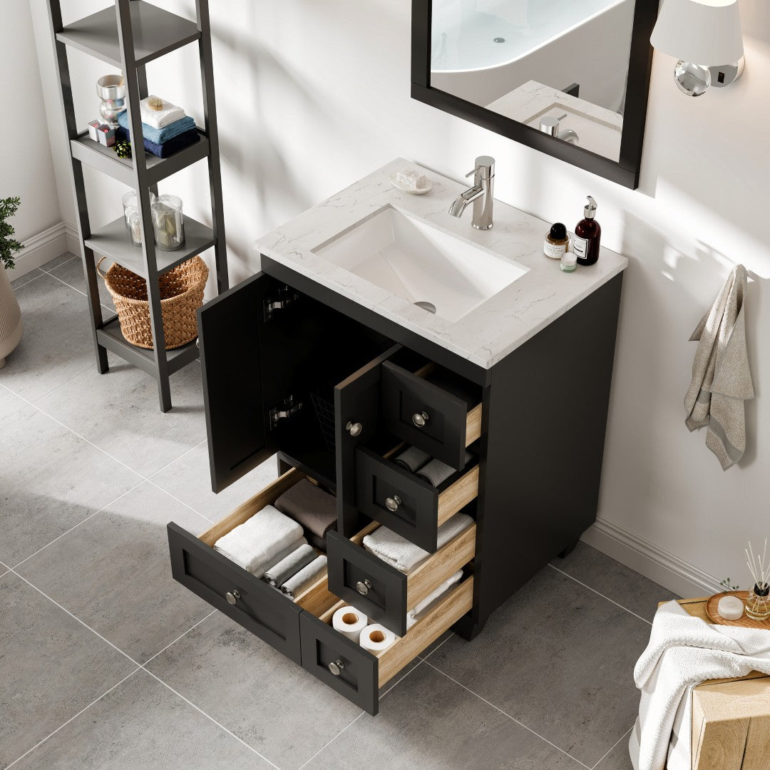 Happy 24 in. Espresso Single Sink Bath Vanity with Carrara Quartz Top and Undermount Porcelain Sink