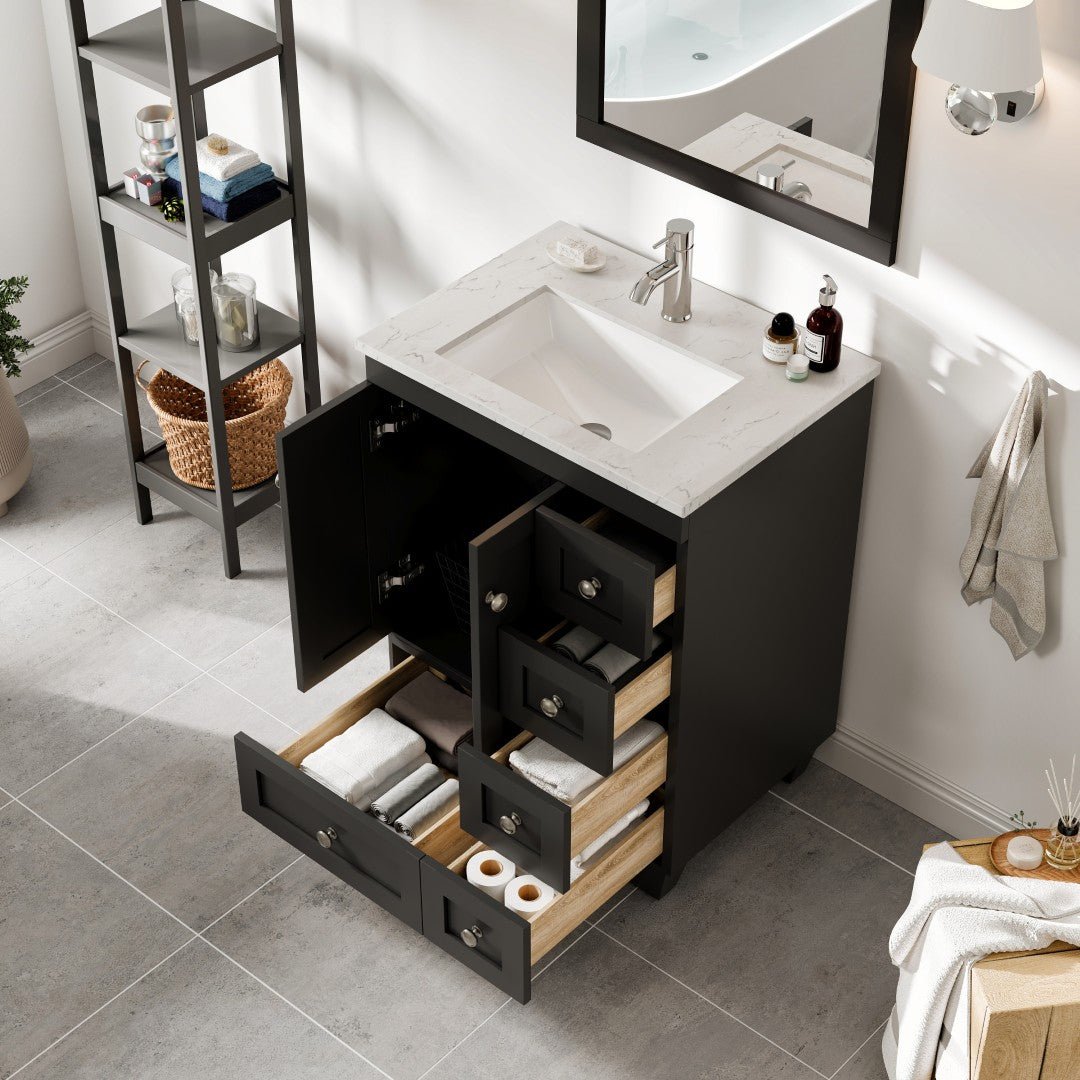 Happy 24 in. Espresso Single Sink Bath Vanity with Carrara Quartz Top and Undermount Porcelain Sink - Bathroom Vanity by Eviva