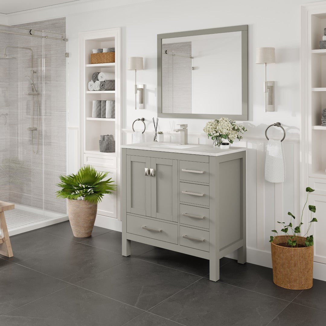 London 36 in. Gray Single Sink Bath Vanity with Carrara Quartz Top and Undermount Porcelain Sink - Bathroom Vanity by Eviva