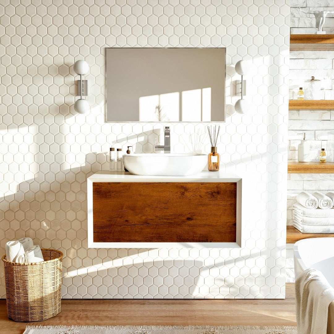 Santa Monica 36 in. Rosewood Wall Mount Single Sink Bath Vanity with Acrylic Top and Vessel Solid Surface Sink