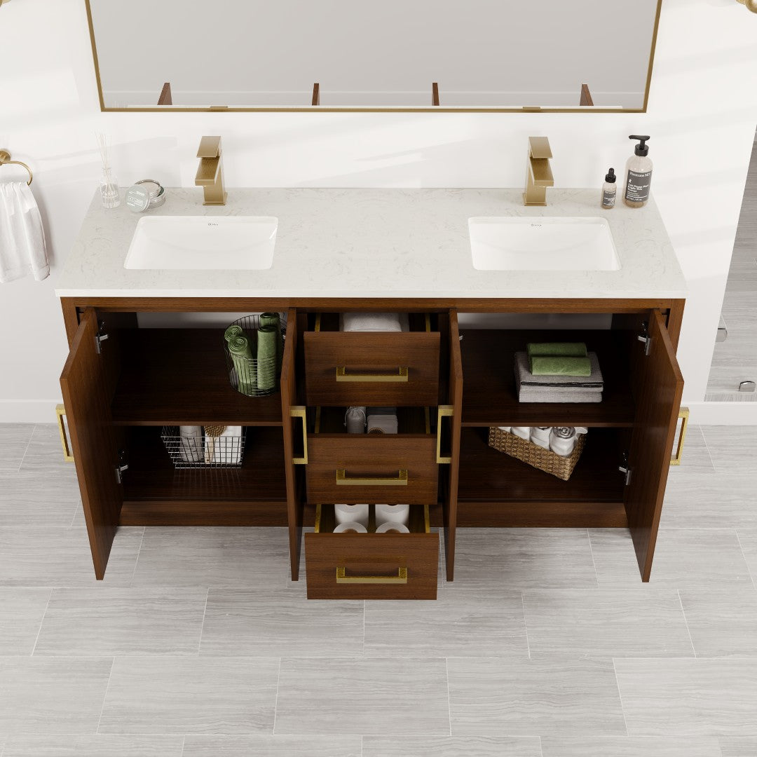 Curio 60 in. Walnut Double Sink  Bath Vanity with Carrara Quartz Top and Undermount Porcelain Sinks