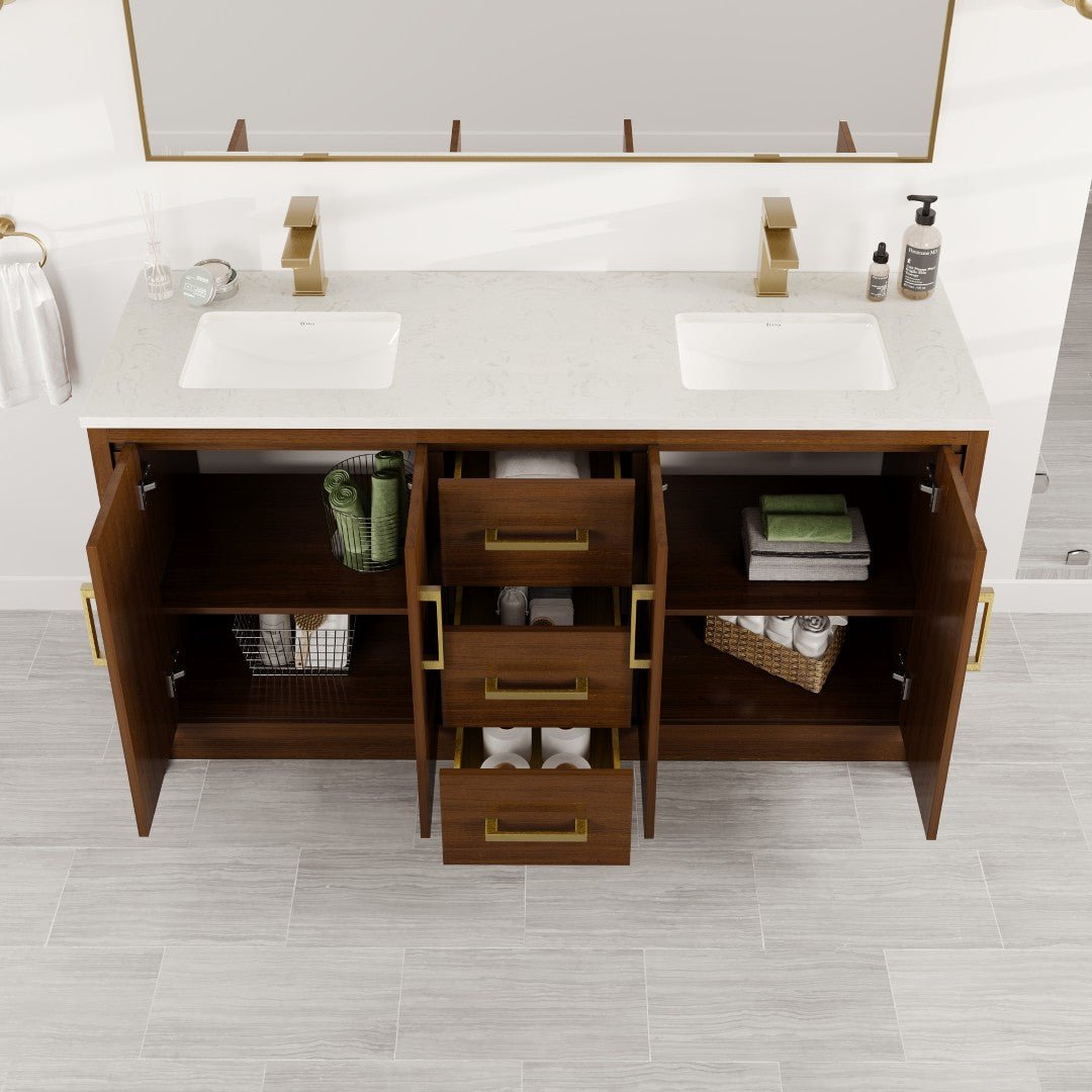 Curio 60 in. Walnut Double Sink Bath Vanity with Carrara Quartz Top and Undermount Porcelain Sinks - Bathroom Vanity by Eviva