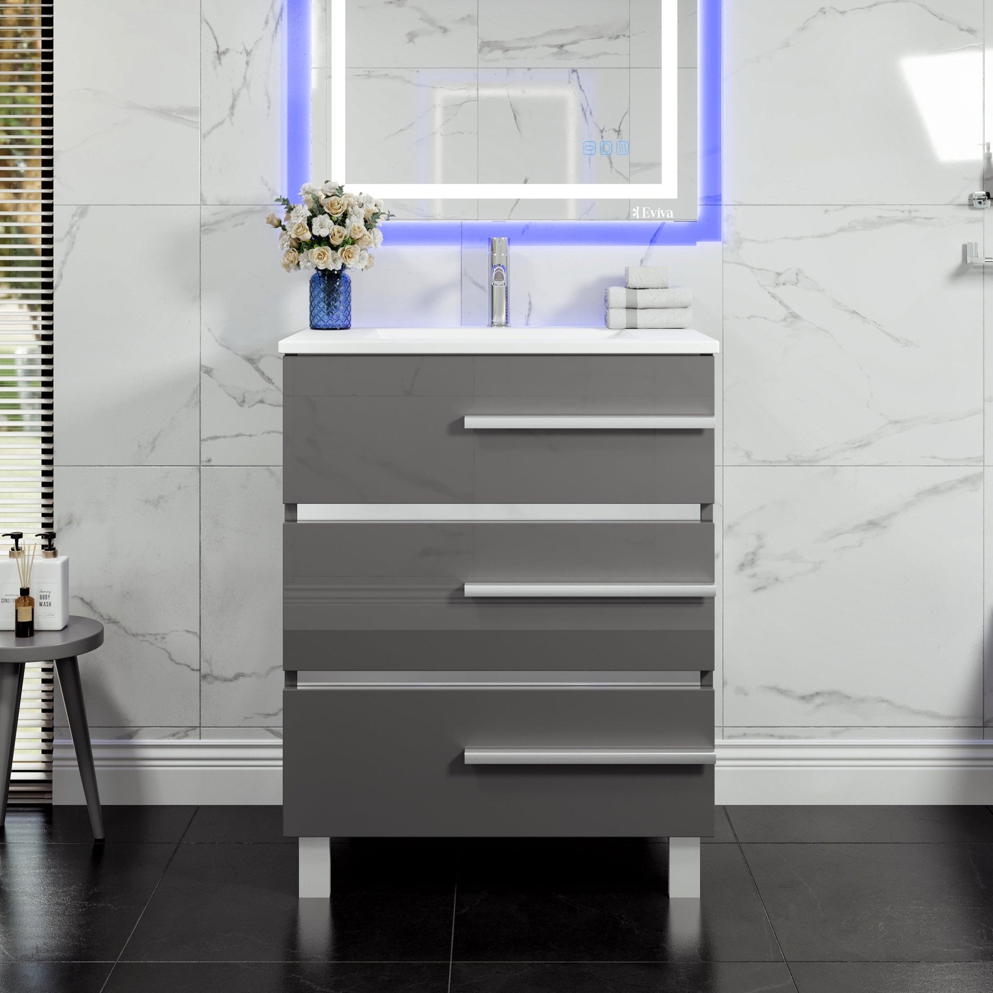 Deluxe 32 in. Gray Single Sink Bath Vanity with Porcelain Top and Integrated Sink - Bathroom Vanity by Eviva