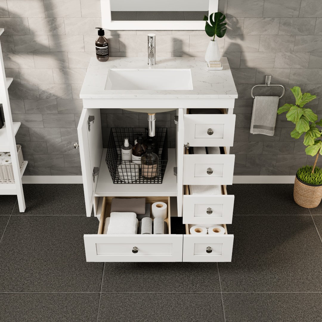 Happy 28 in. White Single Sink Bath Vanity with Carrara Quartz Top and Undermount Porcelain Sink