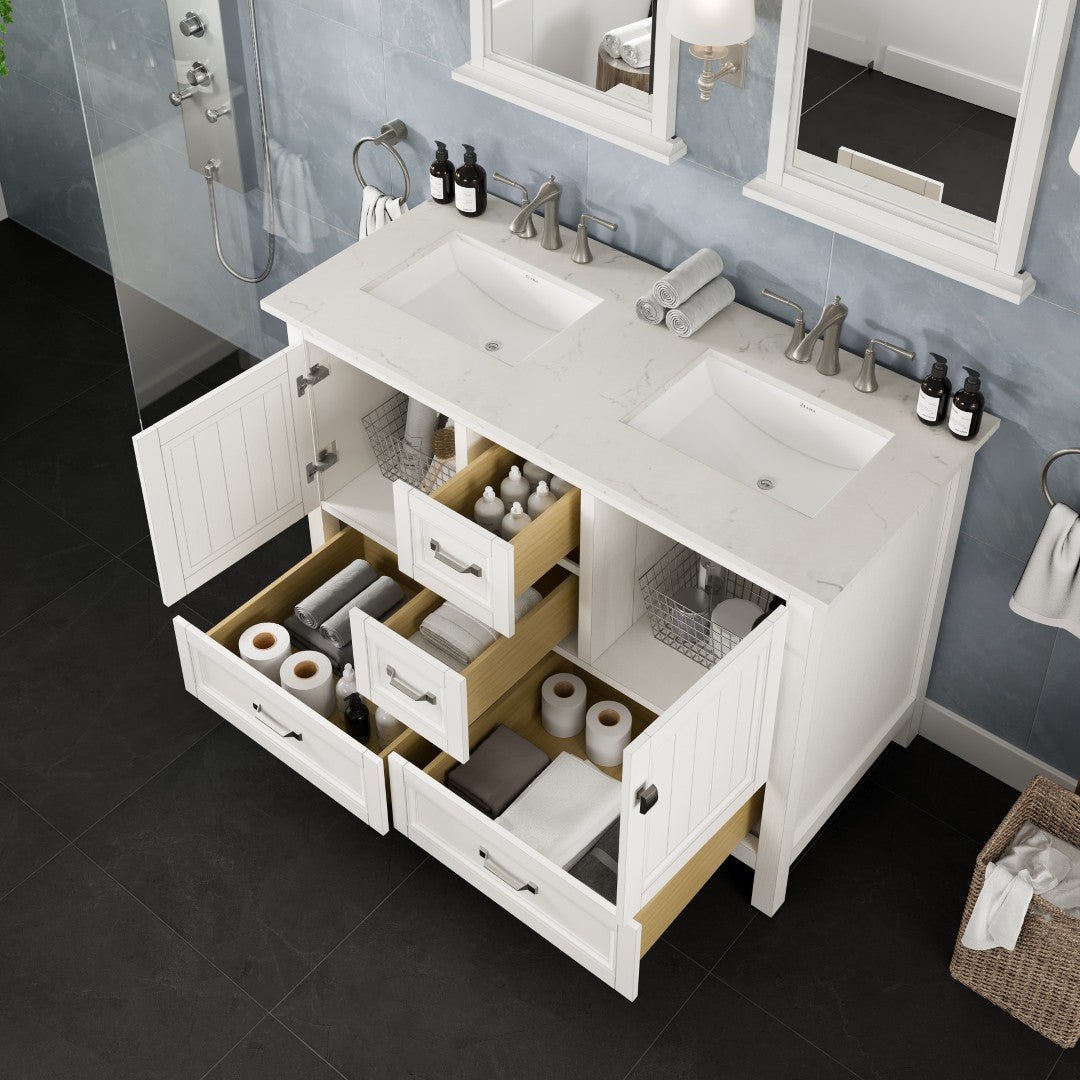 Britney 48 in. White Double Sink Bath Vanity with Carrara Quartz Top and Undermount Porcelain Sinks - Bathroom Vanity by Eviva