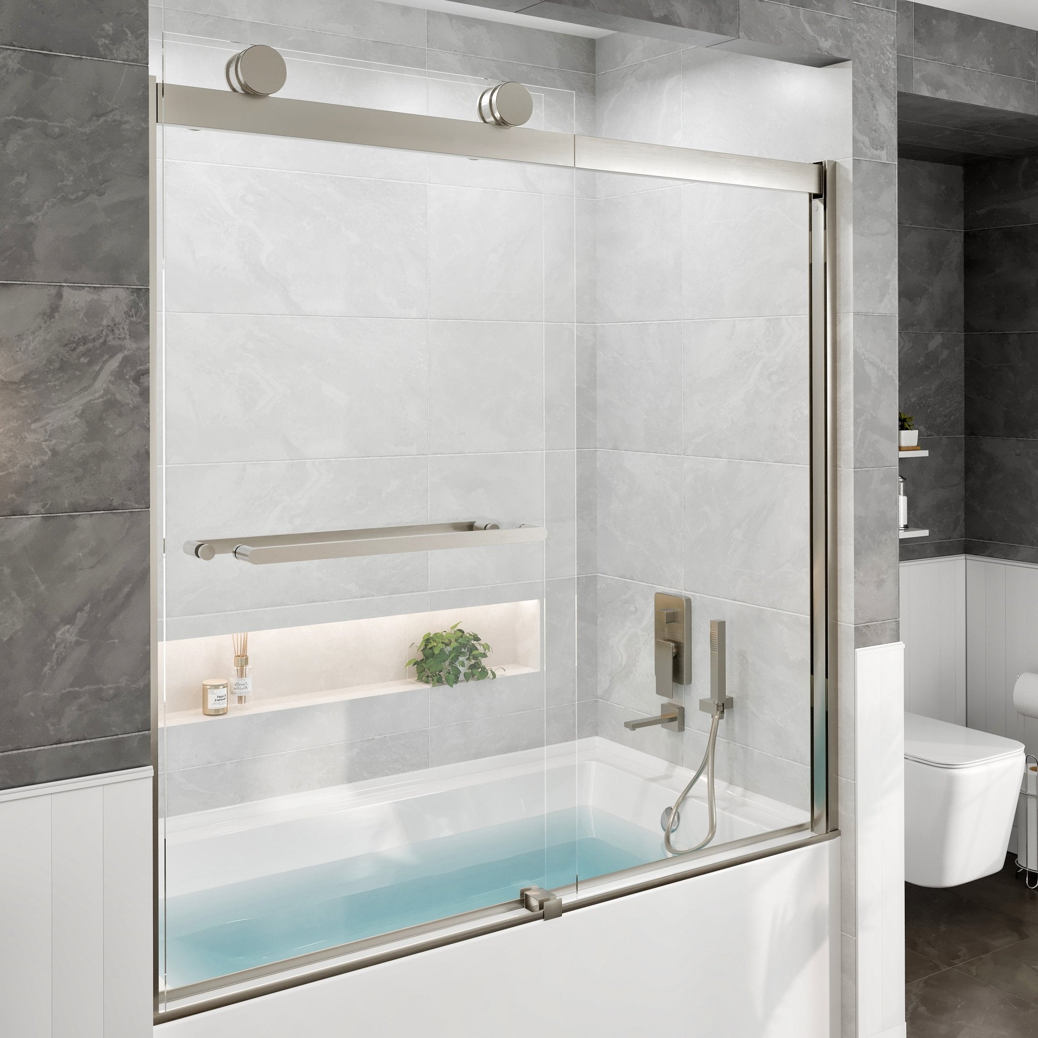 Eviva Luxor 60 in. W x 60 in. H Sliding Frameless Shower Door in Brushed Nickel with Tempered Glass - Shower Door by Eviva