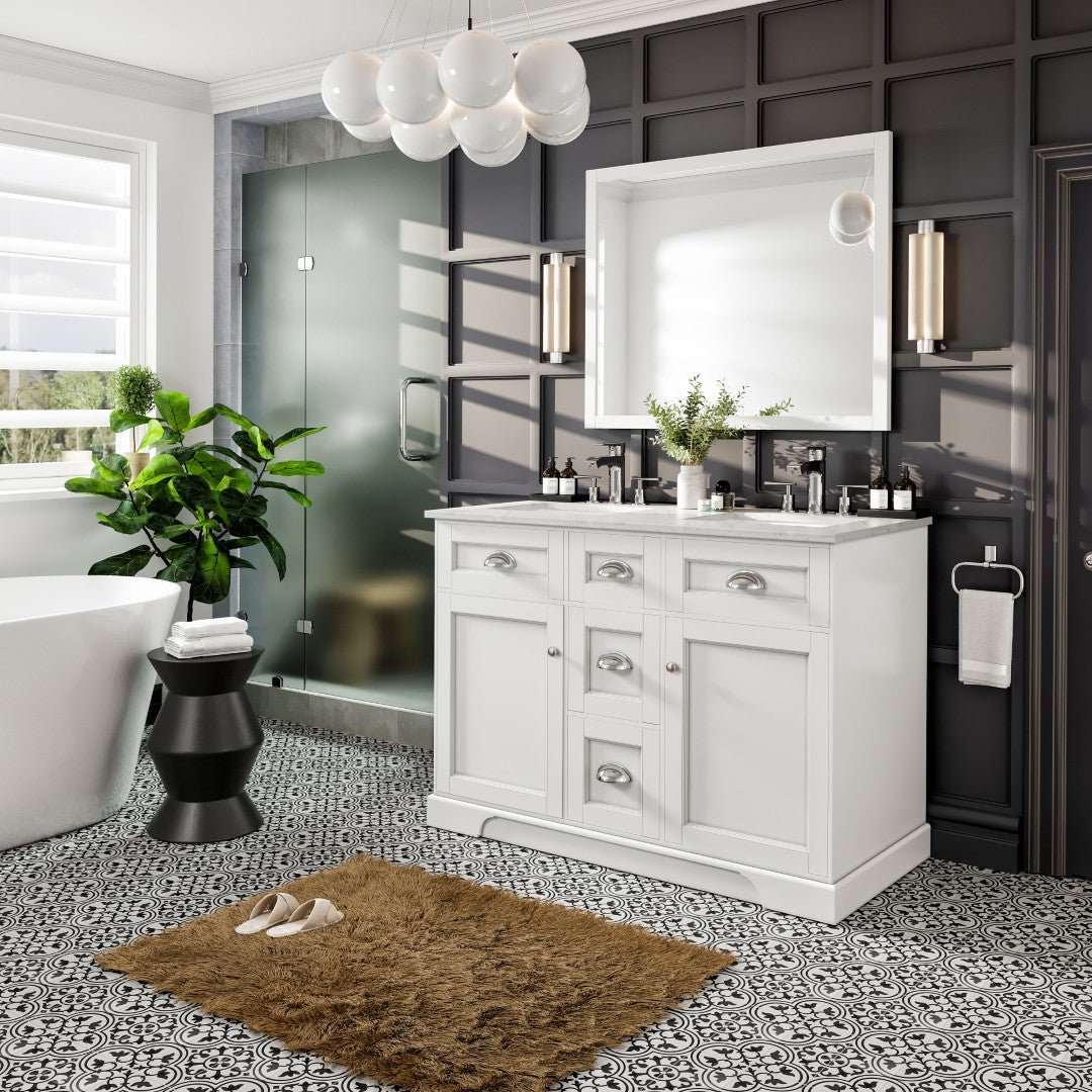 Epic 48 in. White Double Sink Bath Vanity with Carrara Quartz Top and Undermount Porcelain Sinks - Bathroom Vanity by Eviva