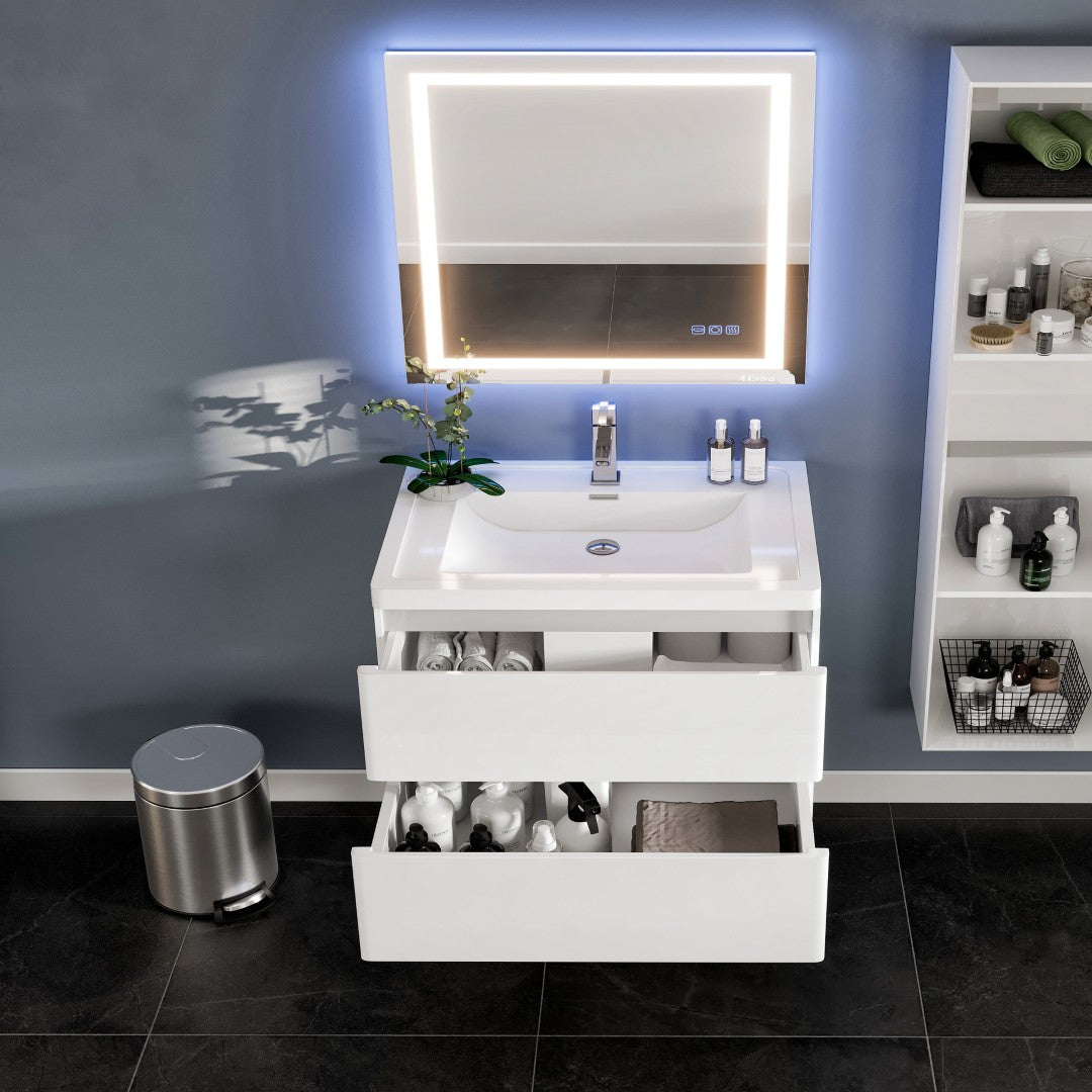 Flair 32 in. White Wall Mount Single Sink Bath Vanity with Acrylic Top and Integrated Sink