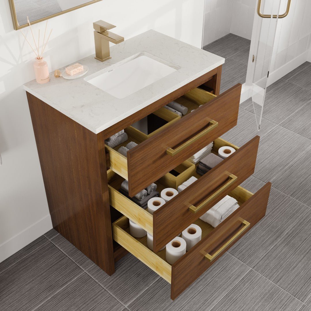 Curio 30 in. Walnut Single Sink Bath Vanity with Carrara Quartz Top and Undermount Porcelain Sink - Bathroom Vanity by Eviva