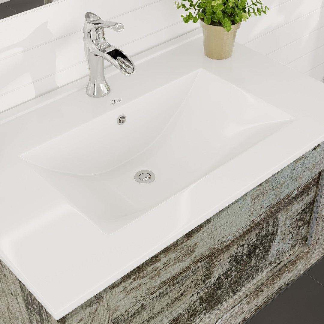 Capri 32 in. Vintage Ash Wall Mount Single Sink Bath Vanity with Porcelain Top and Integrated Sink
