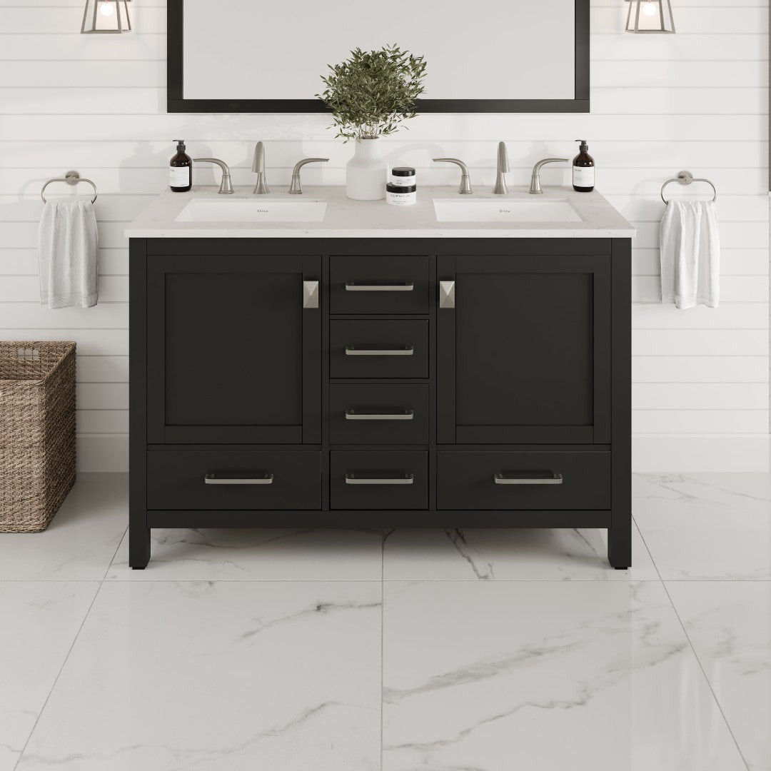 Aberdeen 48 in. Espresso Double Sink Bath Vanity with Carrara Quartz Top and Undermount Porcelain Sinks