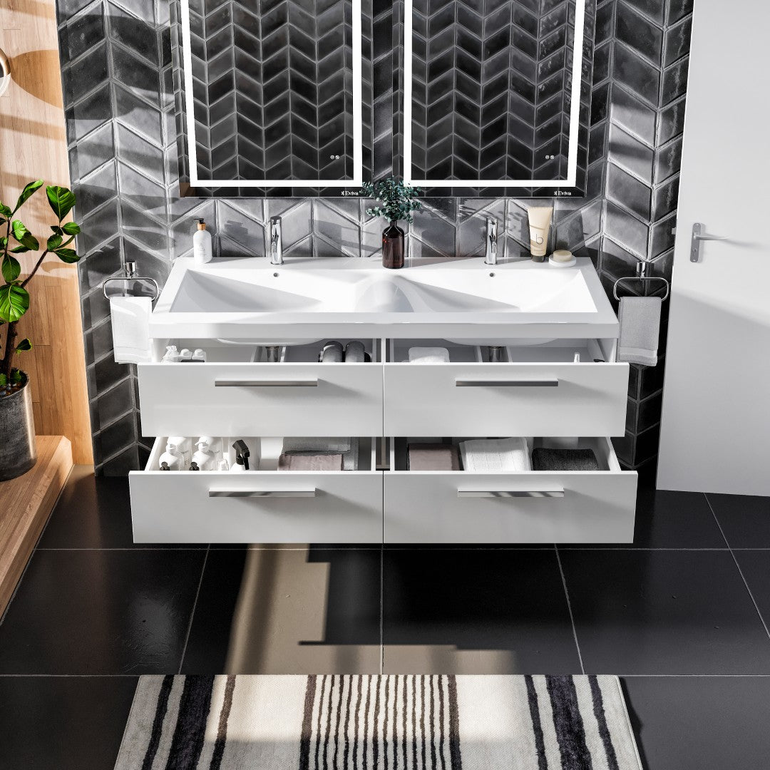 Surf 57 in. White Wall Mount Double Sink Bath Vanity with Acrylic Top and Integrated Sinks