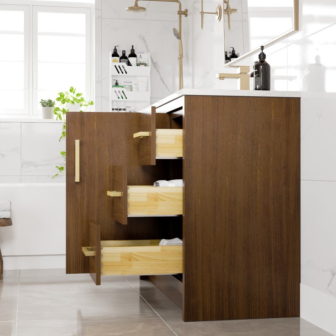 Curio 42 in. Walnut Single Sink Bath Vanity with Carrara Quartz Top and Undermount Porcelain Sink - Bathroom Vanity by Eviva