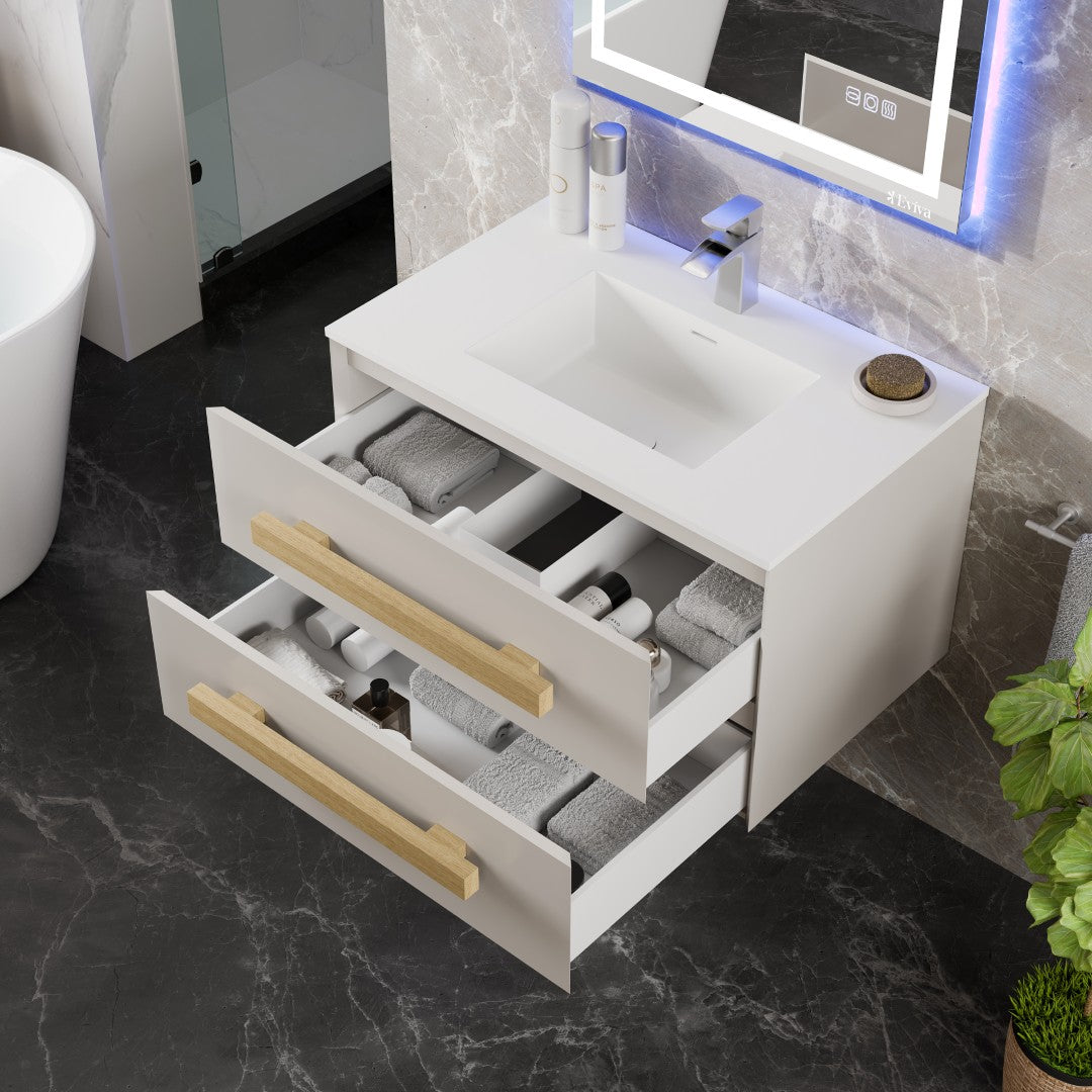 Element 32 in. White Wall Mount Single Sink Bath Vanity with Solid Surface Top and Integrated Sink