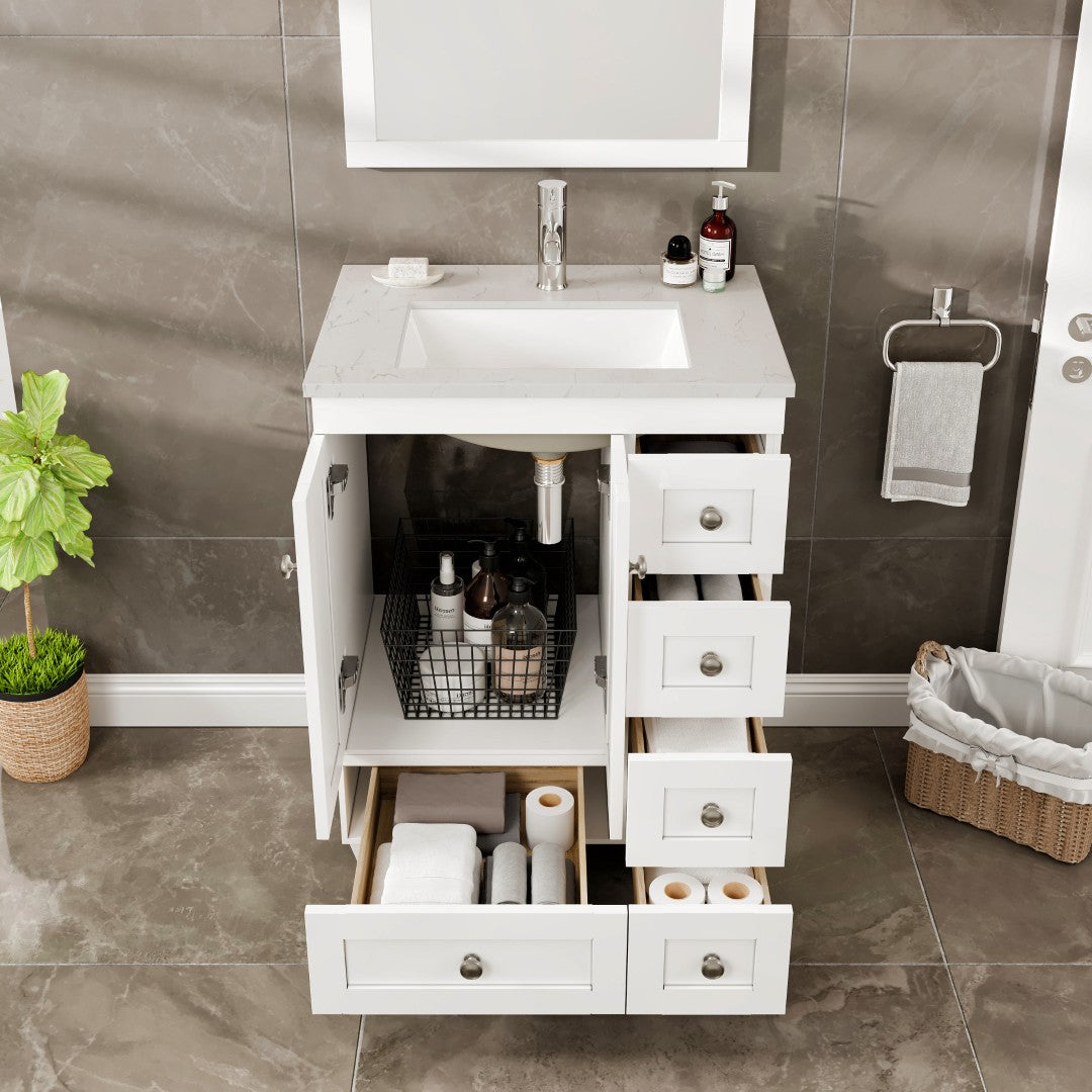 Happy 24 in. White Single Sink Bath Vanity with Carrara Quartz Top and Undermount Porcelain Sink