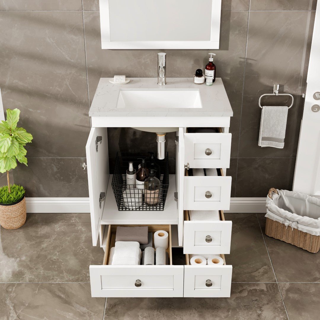 Happy 24 in. White Single Sink Bath Vanity with Carrara Quartz Top and Undermount Porcelain Sink - Bathroom Vanity by Eviva