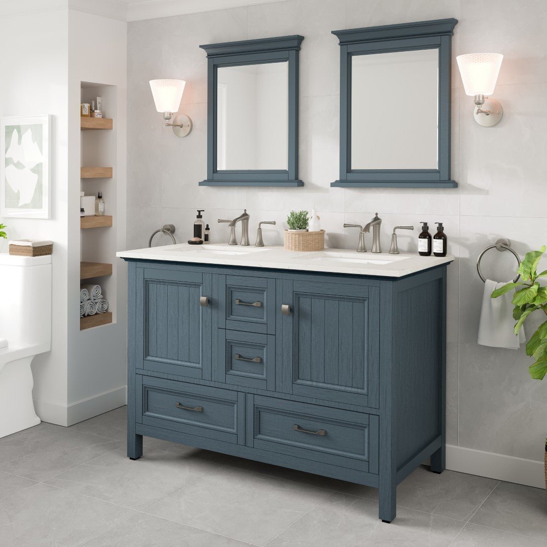 Britney 48 in. Ash Blue Double Sink Bath Vanity with Carrara Quartz Top and Undermount Porcelain Sinks - Bathroom Vanity by Eviva