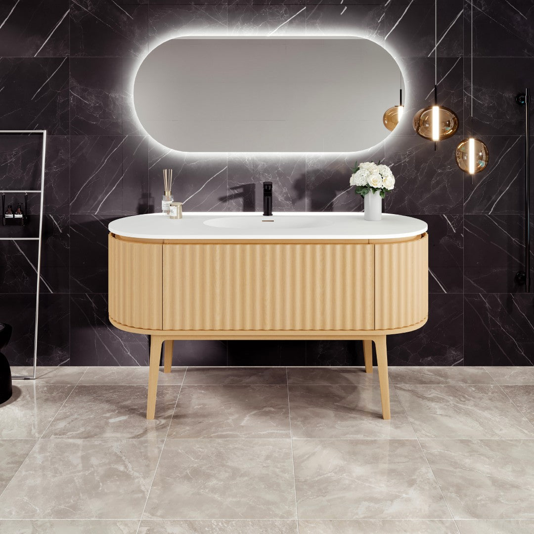 Haven 55 in. Natural Oak Single Sink Bath Vanity with Solid Surface Top and Integrated Sink
