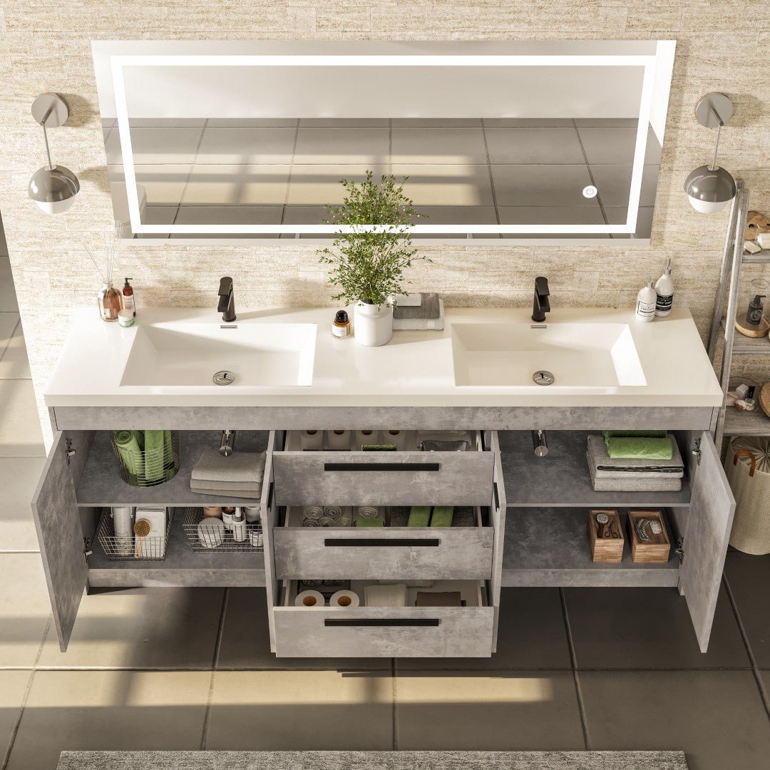 Lugano 84 in. Concrete Gray Double Sink Bath Vanity with Acrylic Top and Integrated Sinks - Bathroom Vanity by Eviva