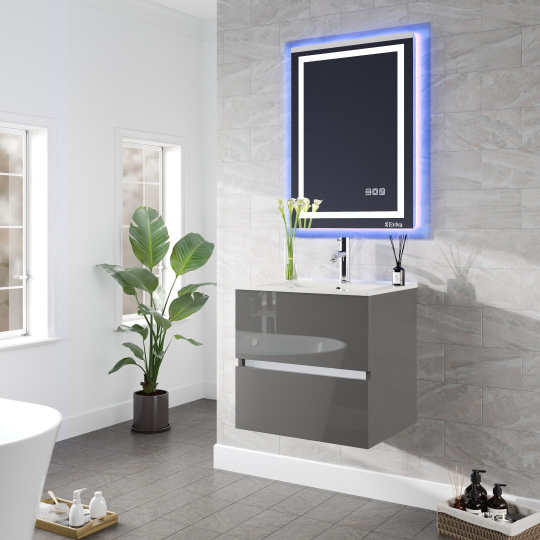 Ikaro 24 in. Gray Wall Mount Single Sink Bath Vanity with Porcelain Top and Integrated Sink