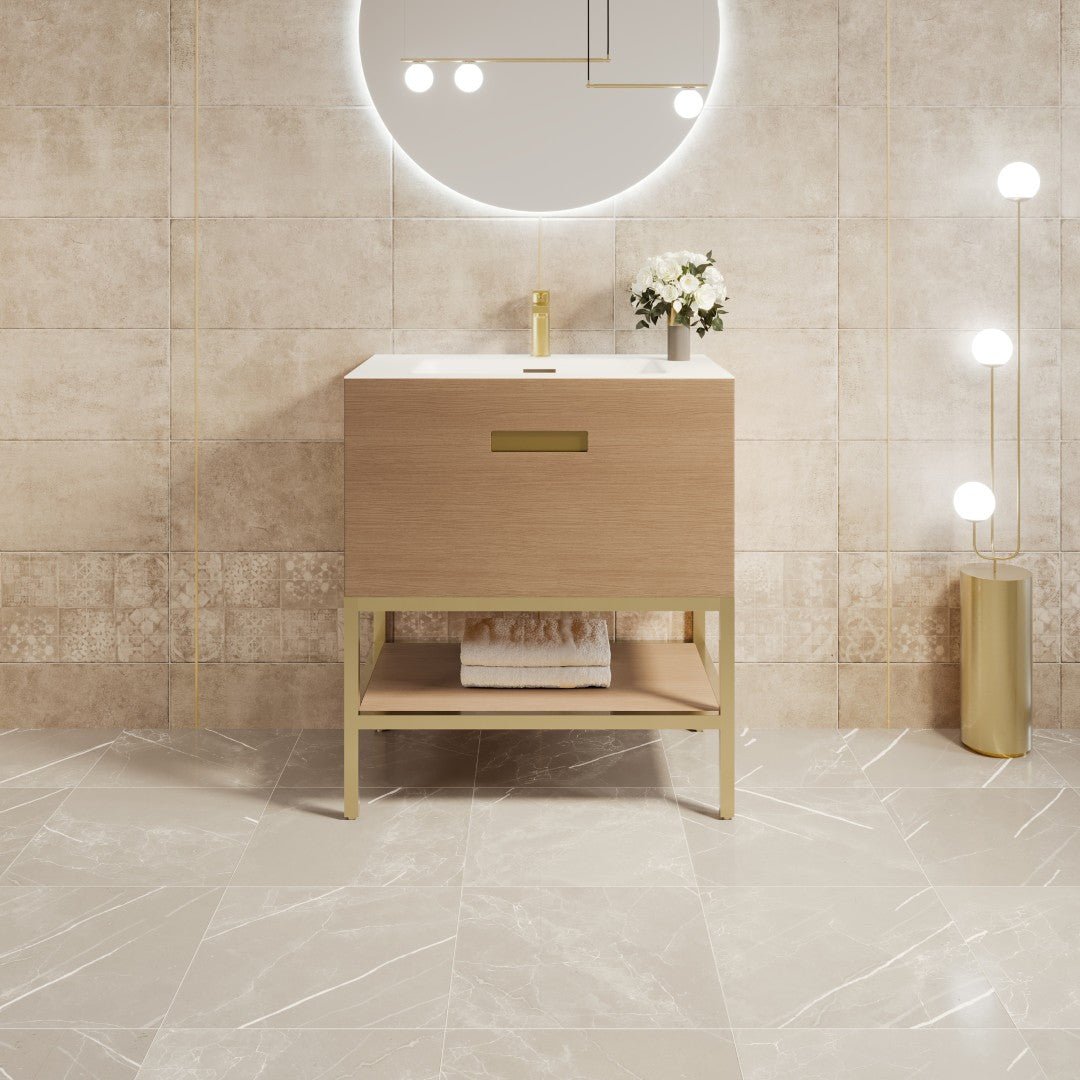 Iris 30 in. Natural Oak Single Sink Bath Vanity with Solid Surface Top and Integrated Sink - Bathroom Vanity by Eviva