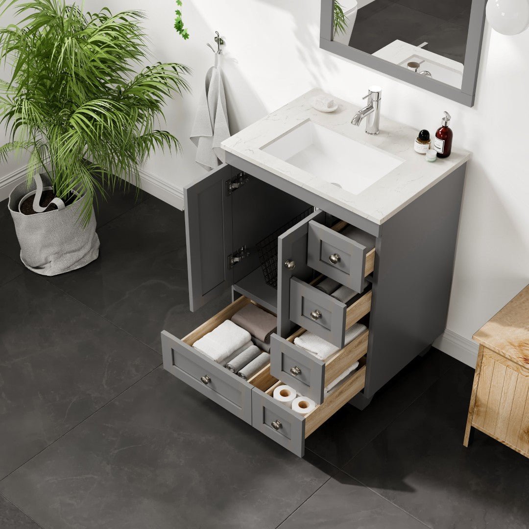 Happy 24 in. Gray Single Sink Bath Vanity with Carrara Quartz Top and Undermount Porcelain Sink - Bathroom Vanity by Eviva