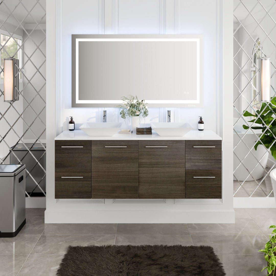 Luxurious 60 in. Gray Oak Wall Mount Double Sink Bath Vanity with White Quartz Top and Vessel Porcelain Sinks - Bathroom Vanity by Eviva