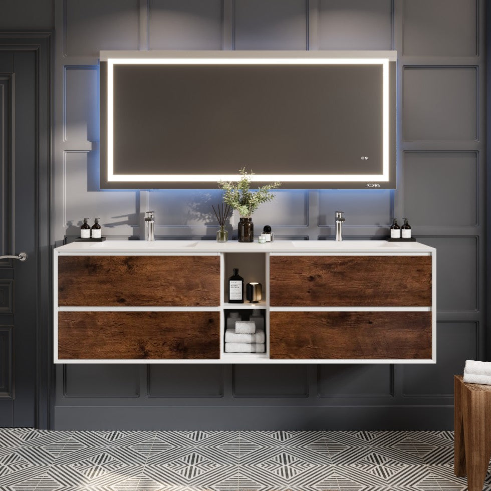 Wall-mounted double sink bathroom vanity with rosewood finish and white acrylic countertop, featuring integrated sinks and LED lighted mirror.