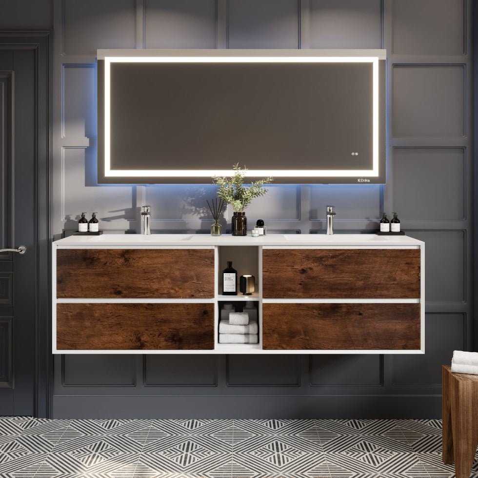 Vienna 75 in. Rosewood Wall Mount Double Sink Bath Vanity with Acrylic Top and Integrated Sinks - Bathroom Vanity by Eviva