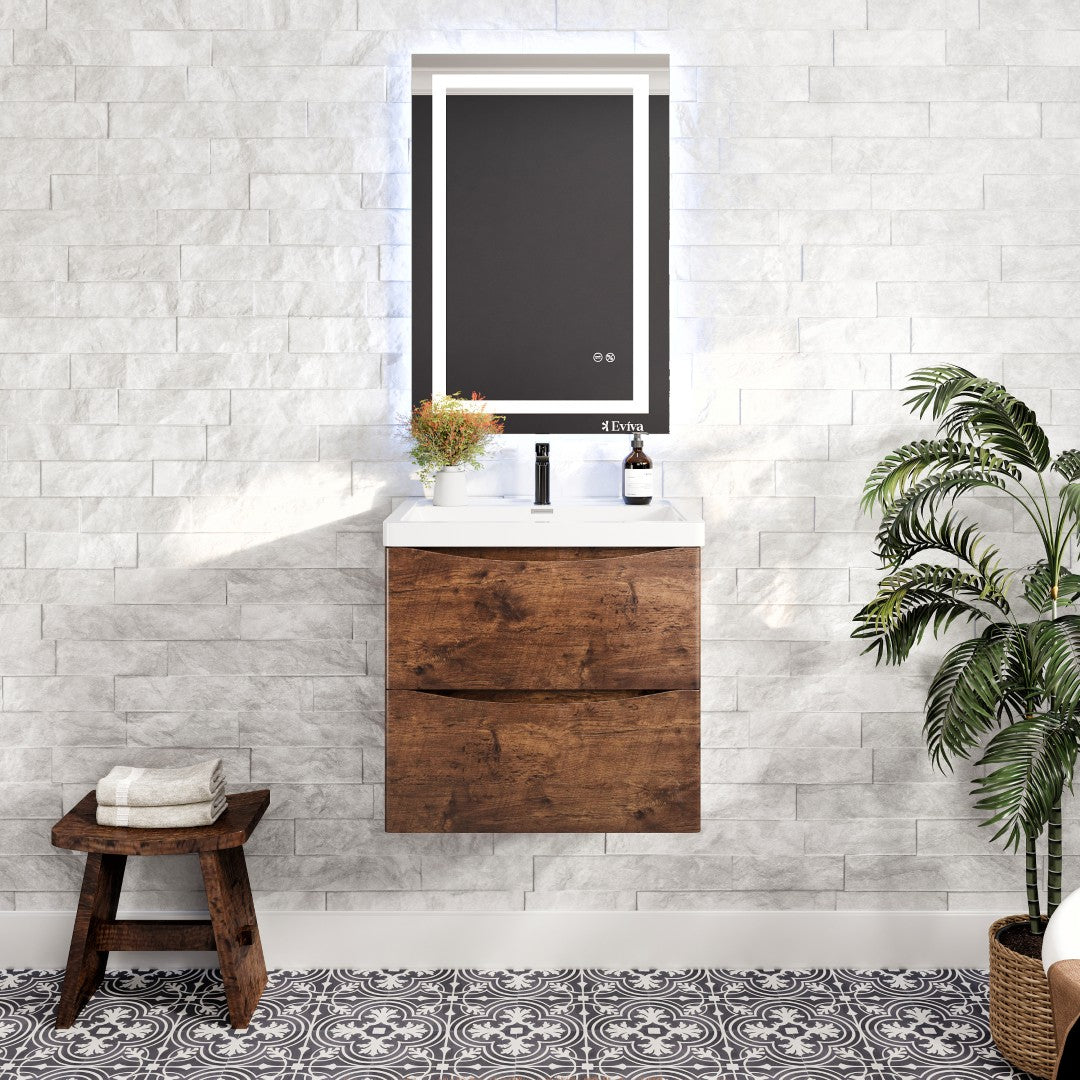 Smile 24 in. Rosewood Wall Mount Single Sink Bath Vanity with Acrylic Top and Integrated Sink