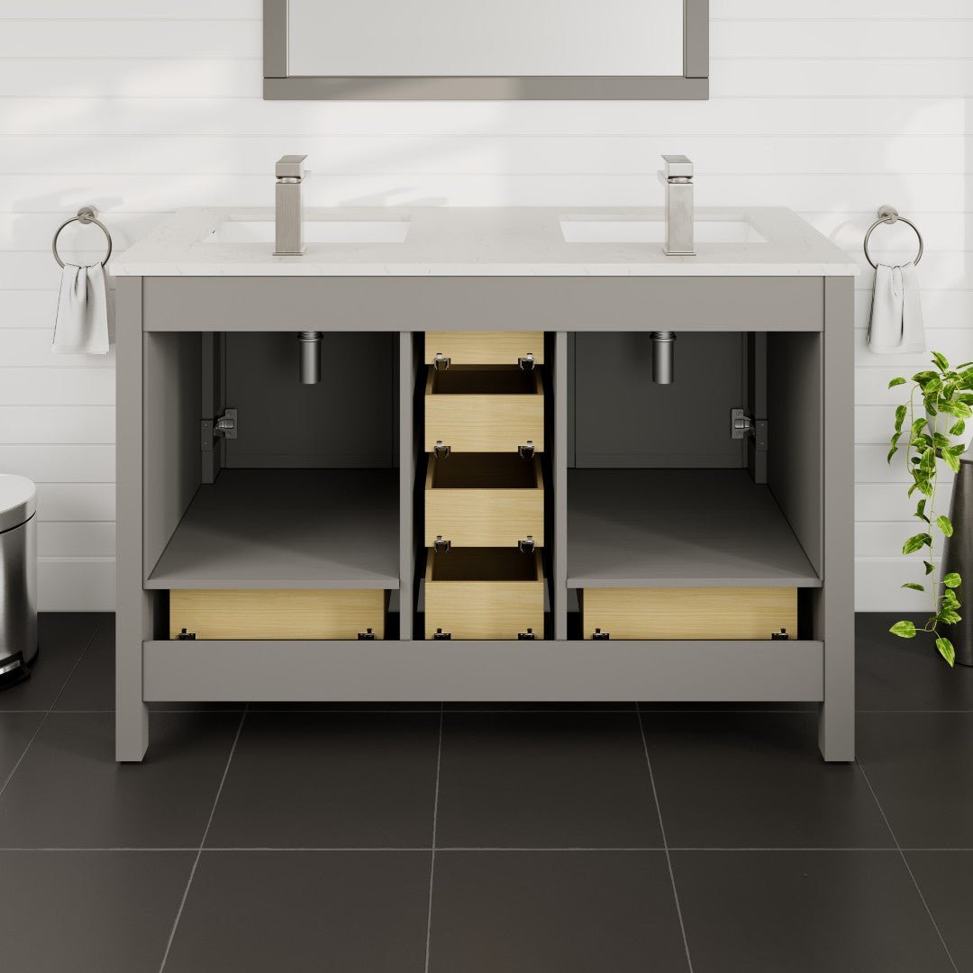 London 48 in. Gray Double Sink Bath Vanity with Carrara Quartz Top and Undermount Porcelain Sinks - Bathroom Vanity by Eviva