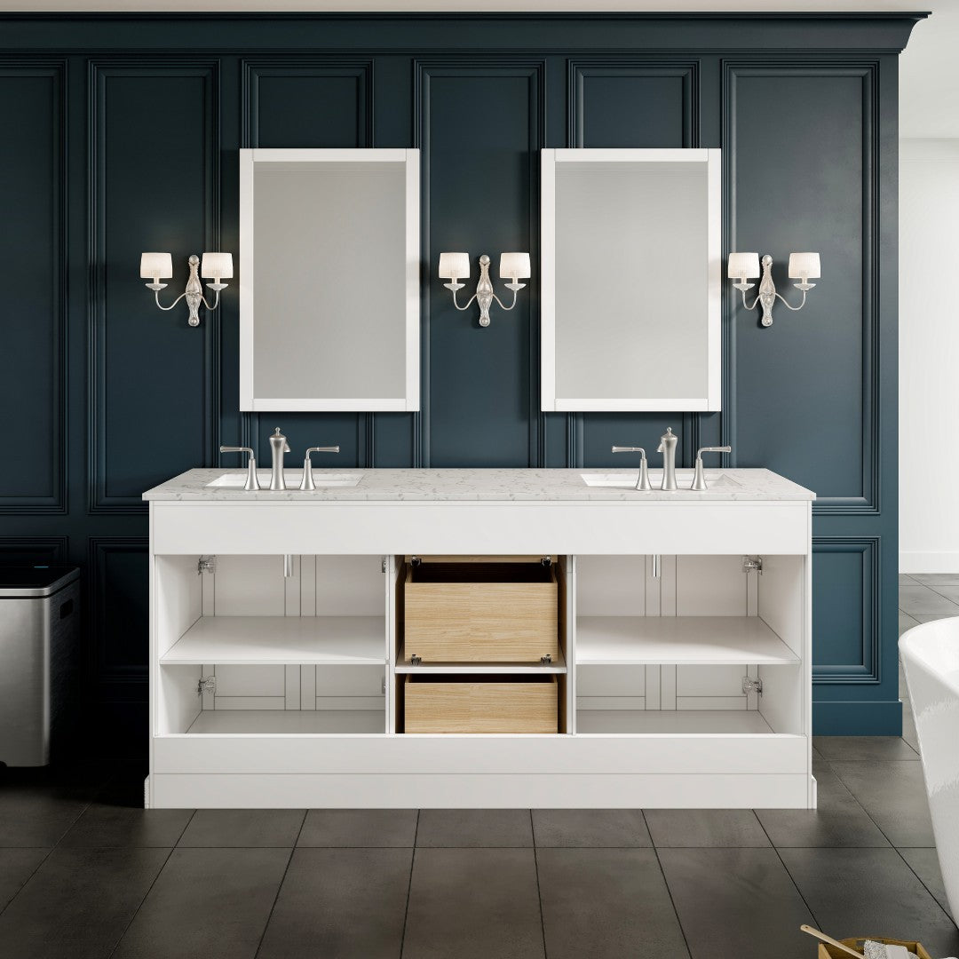 Epic 72 in. White Double Sink Bath Vanity with Carrara Quartz Top and Undermount Porcelain Sinks