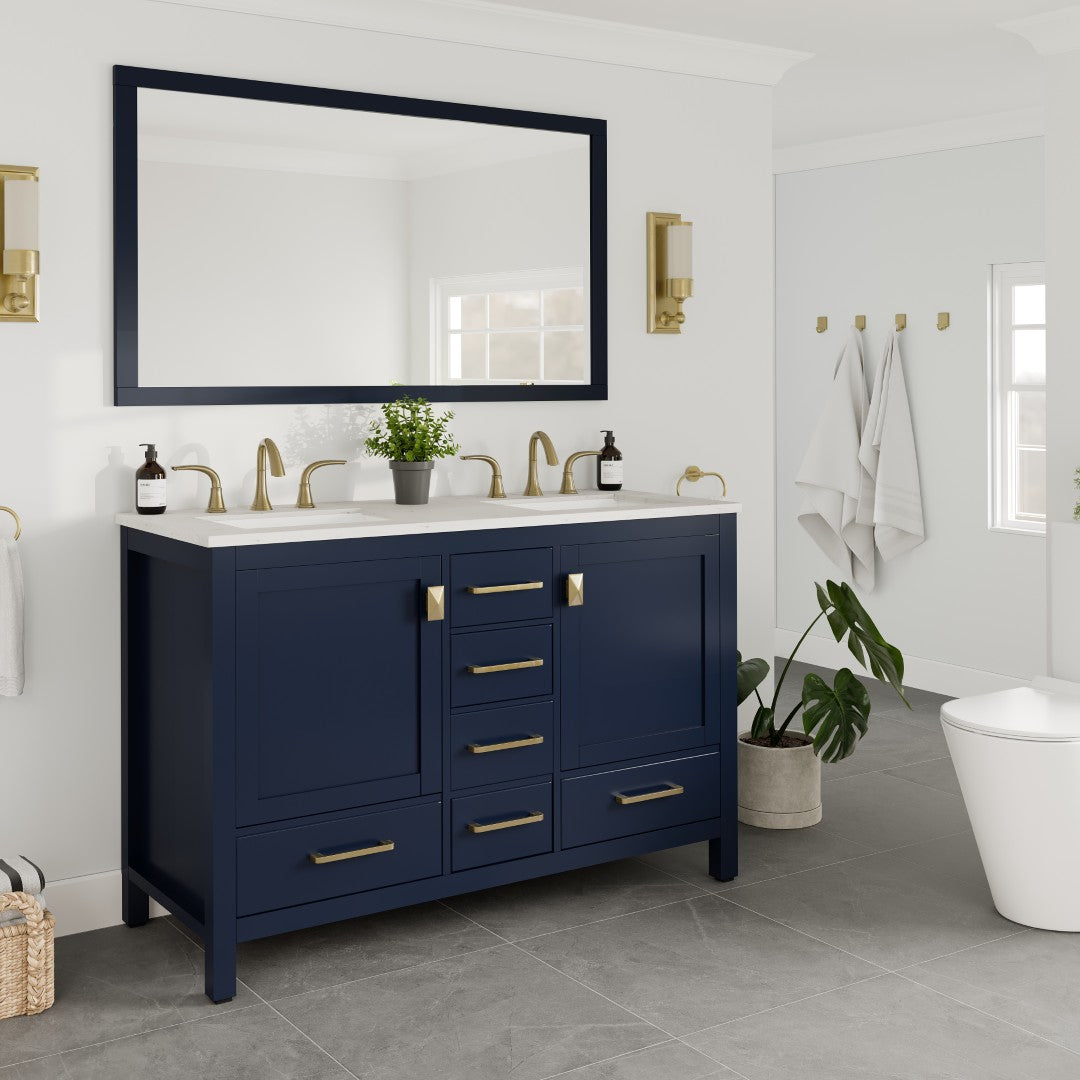 Aberdeen 48 in. Blue Double Sink Bath Vanity with Carrara Quartz Top and Undermount Porcelain Sinks
