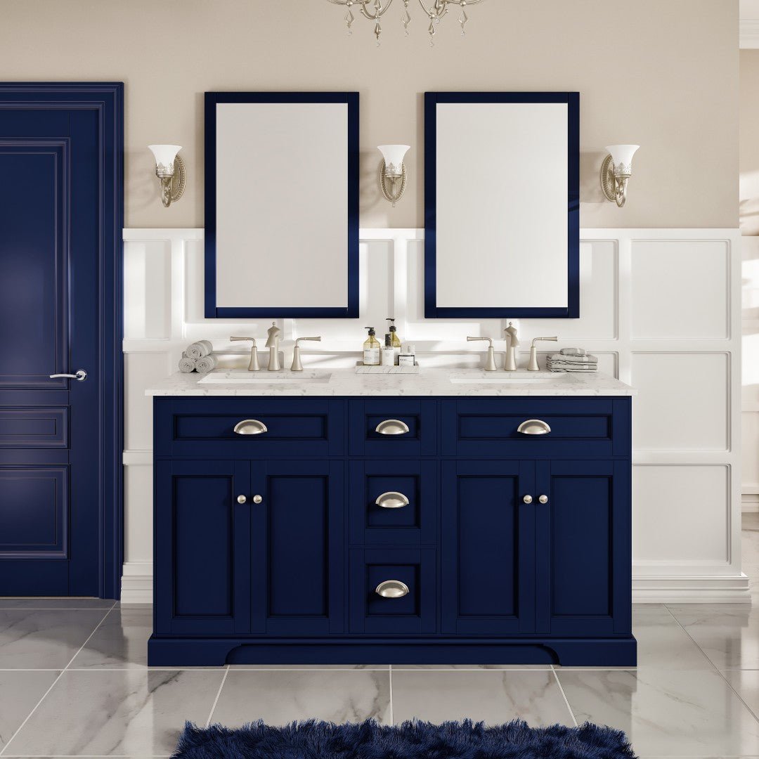 Epic 60 in. Blue Double Sink Bath Vanity with Carrara Quartz Top and Undermount Porcelain Sinks - Bathroom Vanity by Eviva